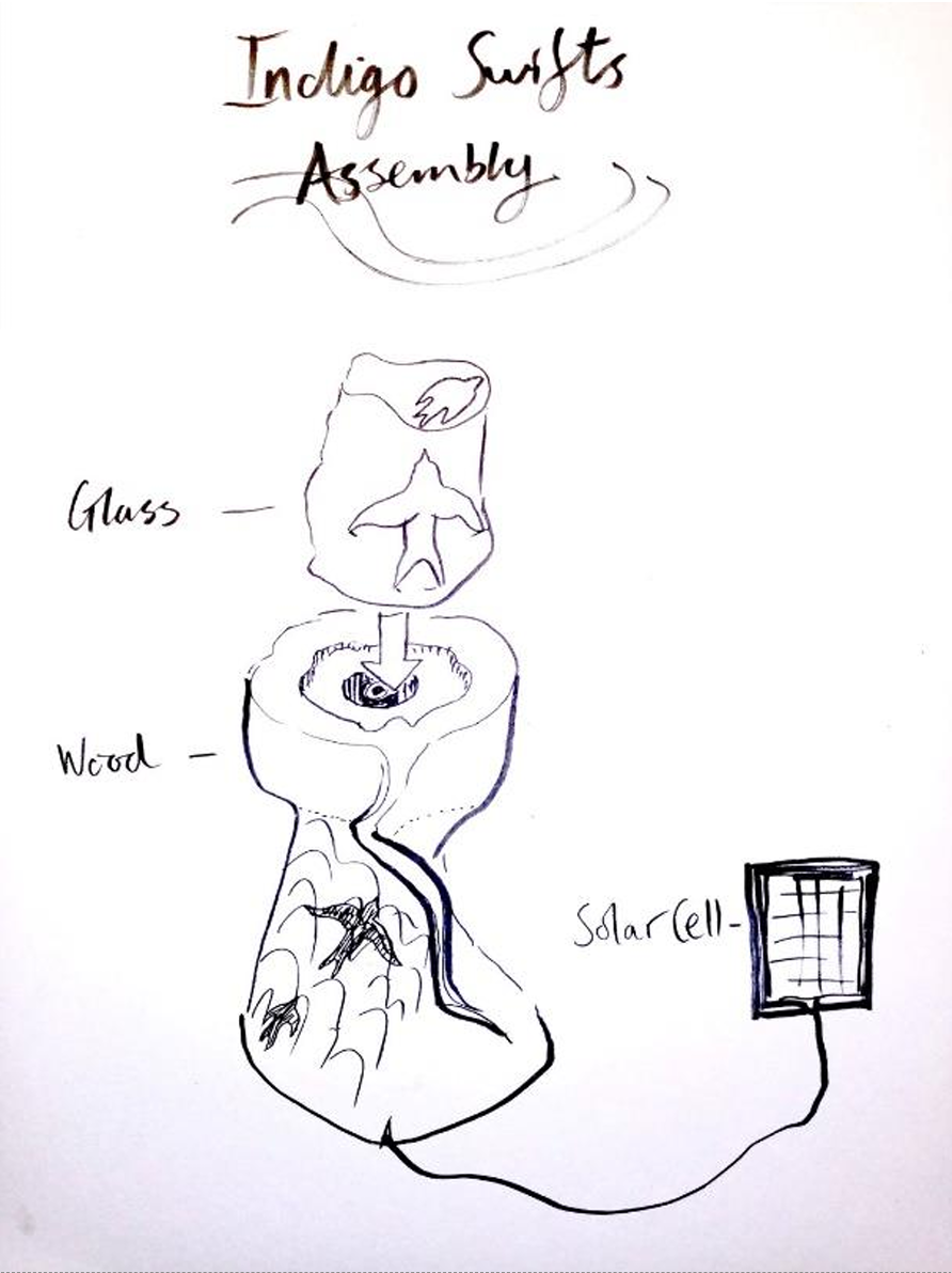 Hand-drawn assembly design sketch for The Indigo Swifts sculpture
