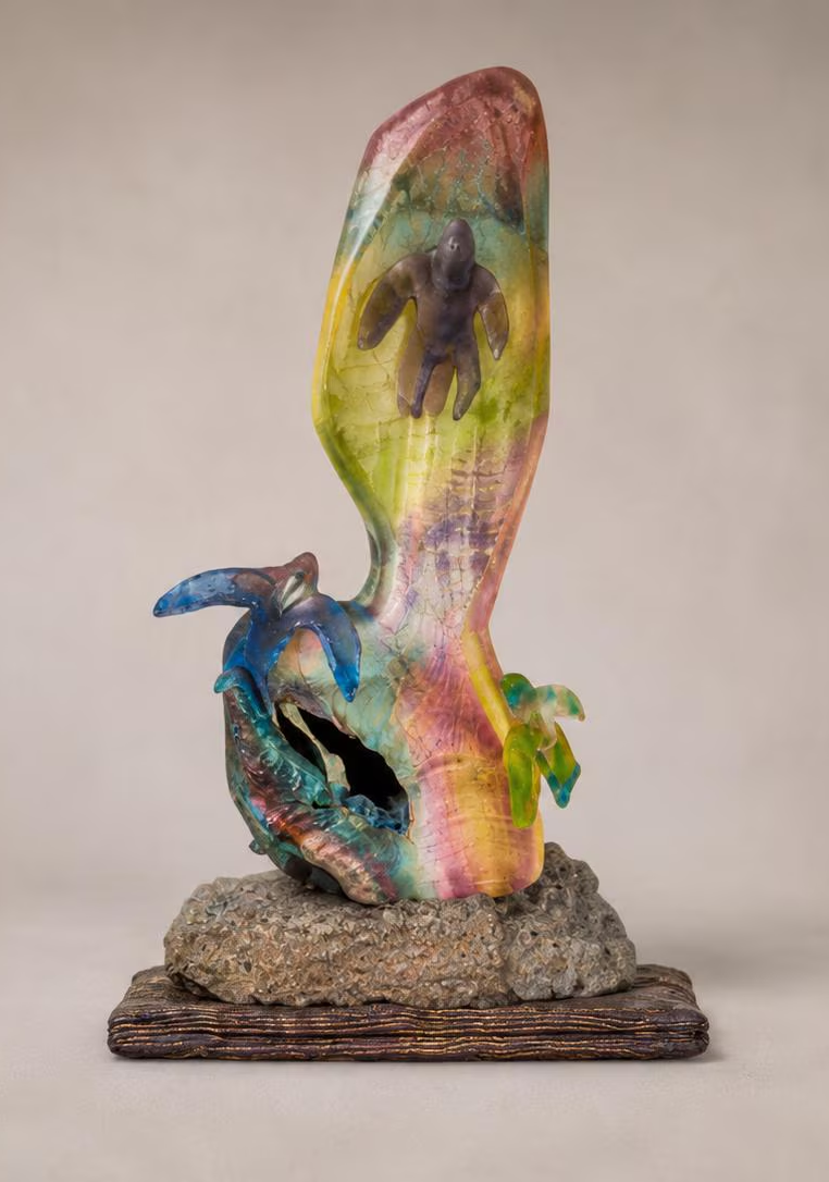 The Swaledale Swifts collector sculpture in cast crystal glass, hand-carved chestnut wood and stone from Swaledale