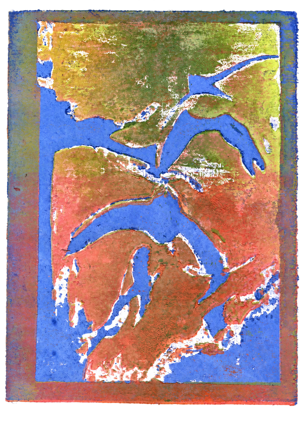 Blue swift forms with green, yellow and coral layered ink; laser engraved wood block print on cartridge paper