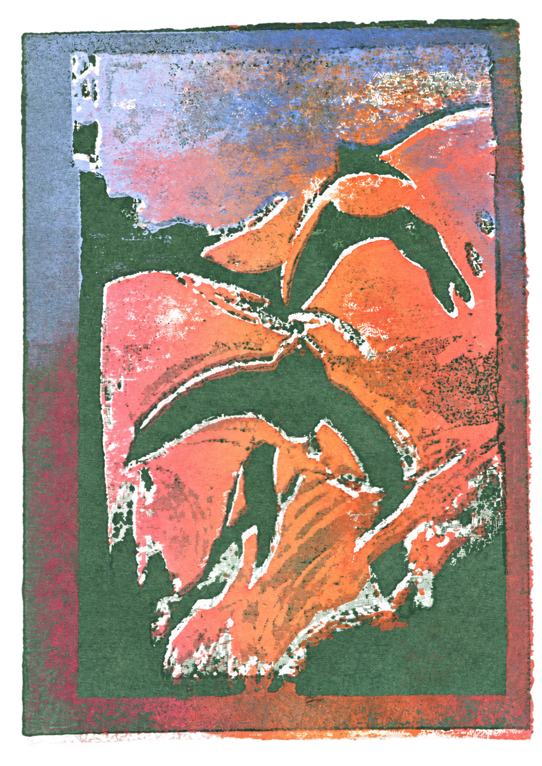 Dark green swift forms with pale blue, coral and orange layered ink; laser engraved wood block print on cartridge paper