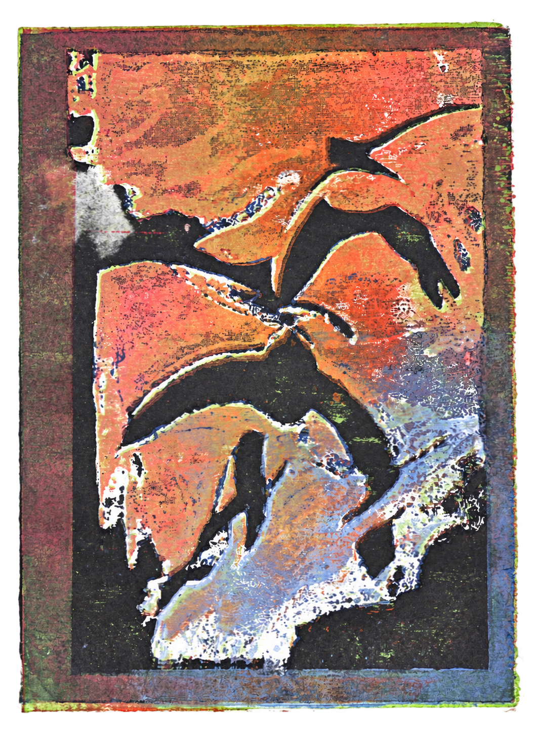 Dark swift forms with orange, coral and pale blue layered ink; laser engraved wood block print on cartridge paper