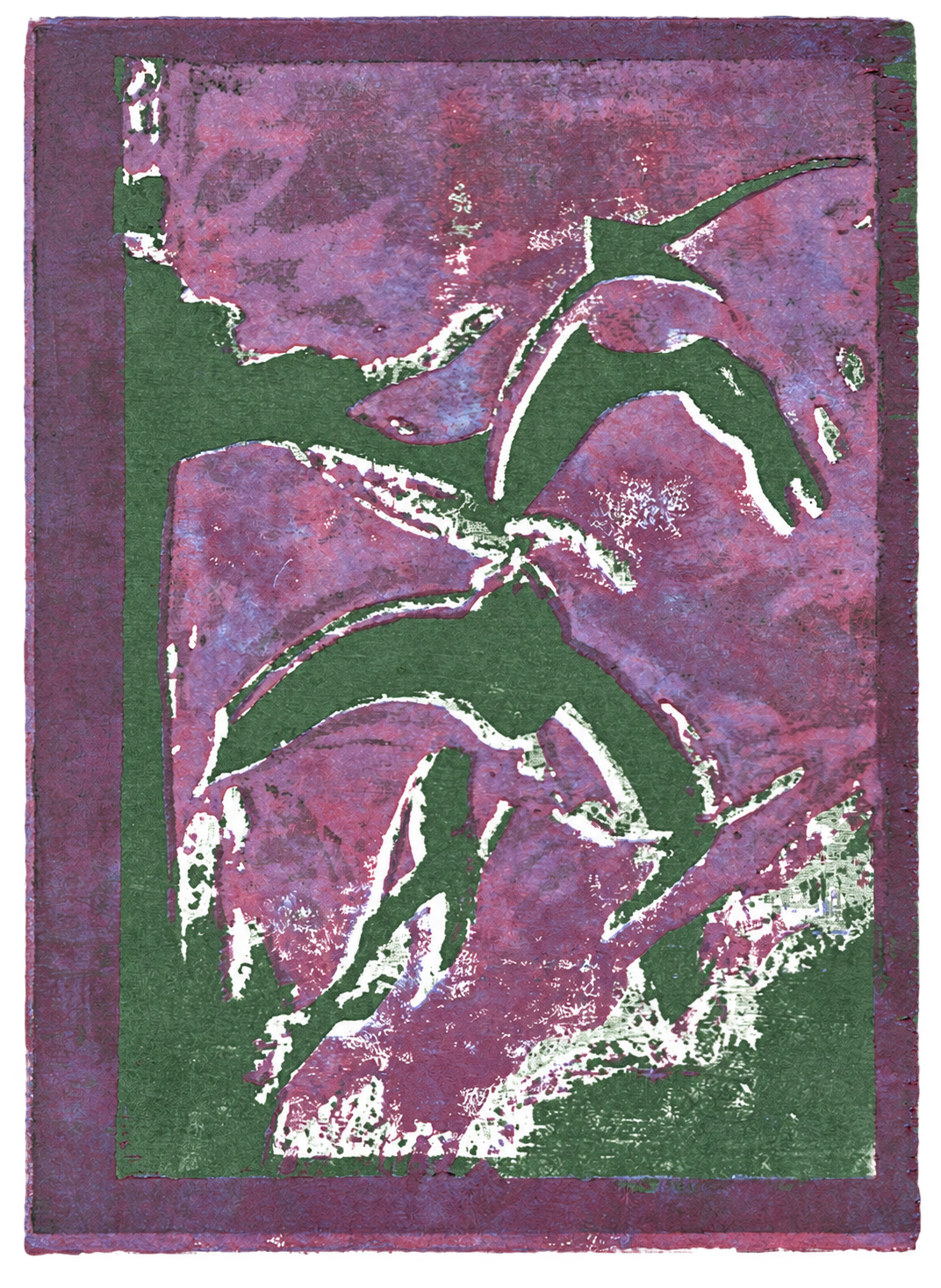 Green swift forms with purple and mauve layered ink; laser engraved wood block print on cartridge paper