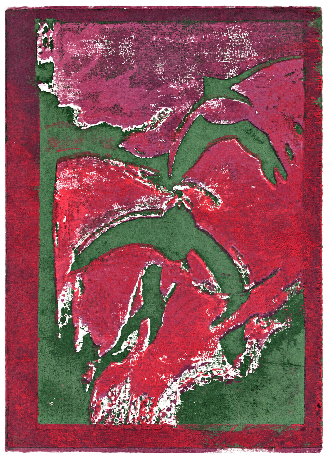 Green swift forms with deep red and purple layered ink; laser engraved wood block print on cartridge paper