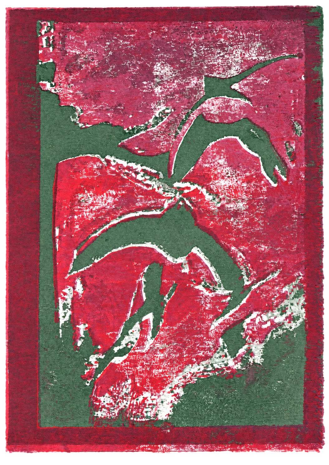 Green swift forms with red layered ink and white textured marks; laser engraved wood block print on cartridge paper